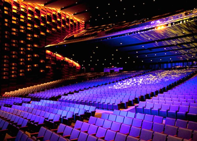 the empty sony centre with purple lighting