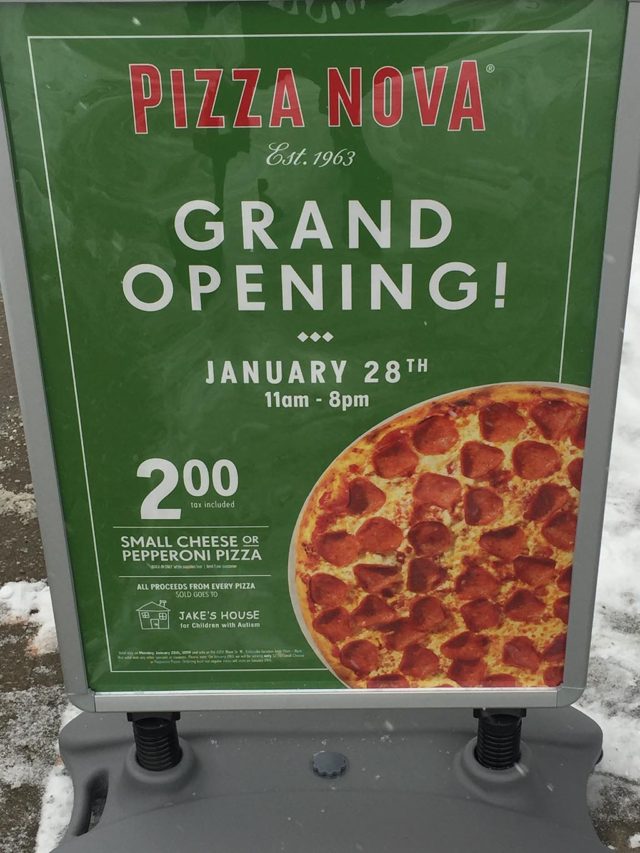A poster for the grand opening of a new Pizza Nova with proceeds donated to Jake's House charity
