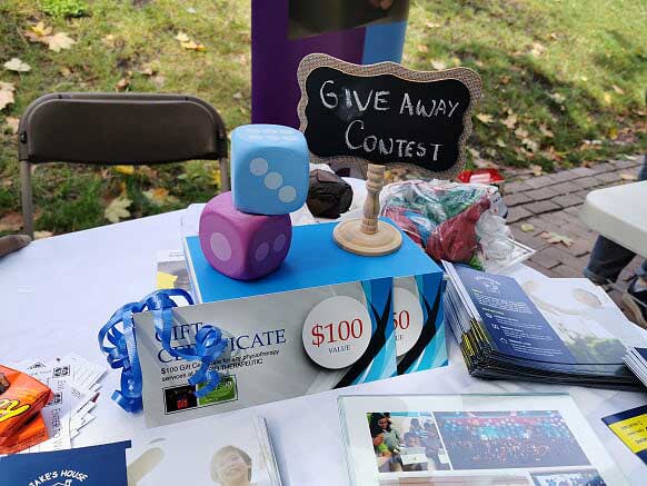 arrangement of giveaway items on table